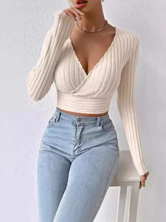 Short Deep V-neck Slim-fit Long Sleeve Knitted Sweater