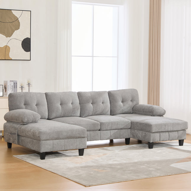 U-shaped Sectional Sofa 103.5 Chenille Fabric Couch With Dual Chaise Lounges, Storage Pockets And Armrest Pillows For Living Room, Grey