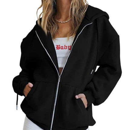 Women's Fashion Casual Solid Color Drawstring Zipper Hooded Sweatshirt