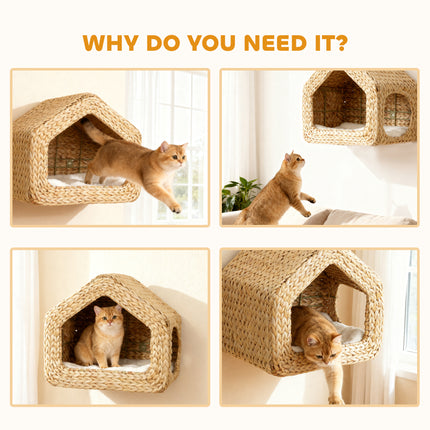 Wall Mounted Cat House, Cat Wall Furniture, Cat Wall Shelf with Washable Cushion, Natural