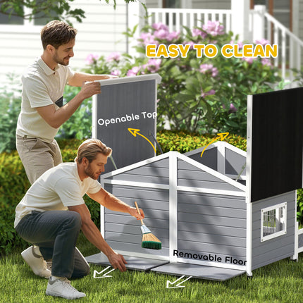 Dog House Outdoor, Wooden Dog Kennel Weatherproof with Porch, Openable Roof, Removable Bottom, Elevated Floor, Double Room for 2 Small to Medium Breeds, Gray