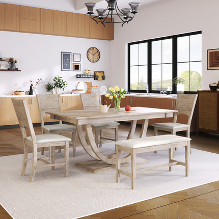 TOPMAx 6- Piece Wood Half Round Dining Table Set Kitchen Table Set With Long Bench And 4 Dining Chairs  Modern Style  Natural