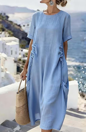 Women's Summer Loose Casual Midi Dress Breathable Cotton Linen Short-sleeve Mid-length Dresses Women Simple Beach Dress