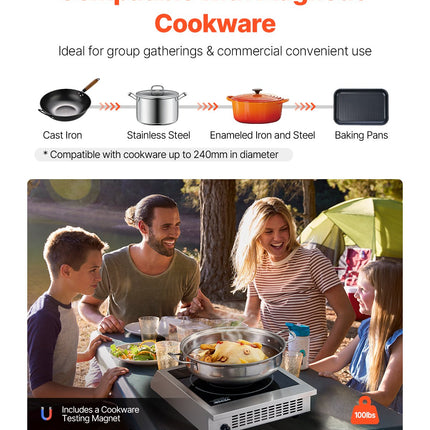 Portable Commercial Induction Cooktop 1800W Countertop Burner 9 Temp Levels