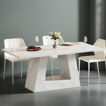 Dining Table For 4 To 6 People, 63" Rectangular Dining Room Table, Modern Wooden Faux Marble Dinner Table With Sturdy Base