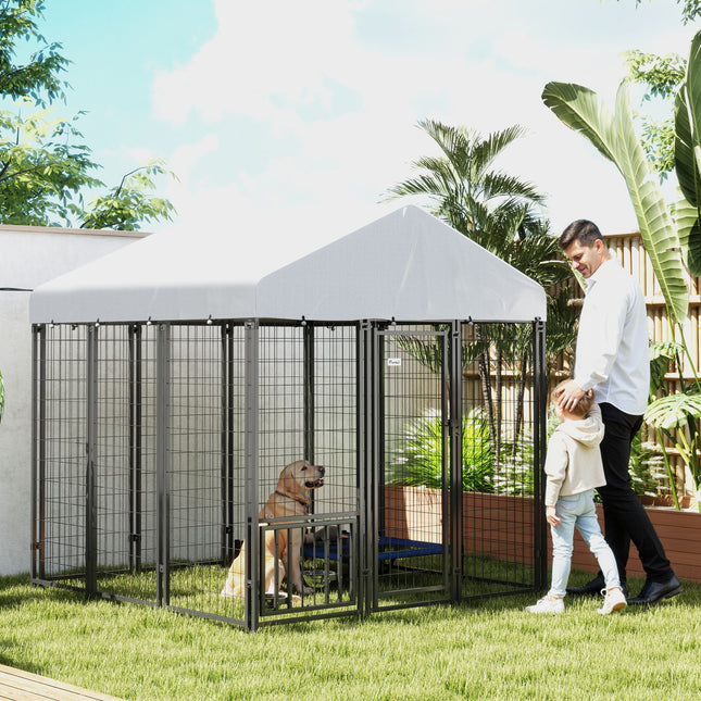 5.9 X 5.9 X 6 Outdoor Dog Kennel With Roof, Rotating & 4-Level Adjustable Bowls