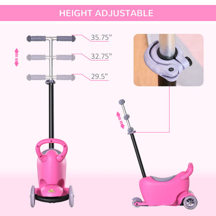 3-in-1 Ride On Push Car, Kids Scooter, Sliding Walker, Push Rider, With Adjustable Handlebar, 3 Balanced Wheels, Removable Storage Seat, For Boys And Girls Aged 2-6 Years Olds, Pink