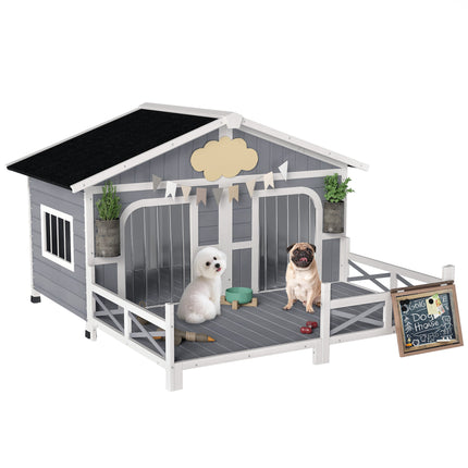 Dog House Outdoor, Wooden Dog Kennel Weatherproof with Porch, Openable Roof, Removable Bottom, Elevated Floor, Double Room for 2 Small to Medium Breeds, Gray