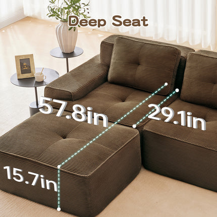 82 Modern L-Shaped Modular Sectional Sofa For Living Room, Corduroy Fabric, 2-Seater Couch With Deep Seat , Pearl-like Piping, Tufted Design, No Assembly, Anti-slip Design, Brown