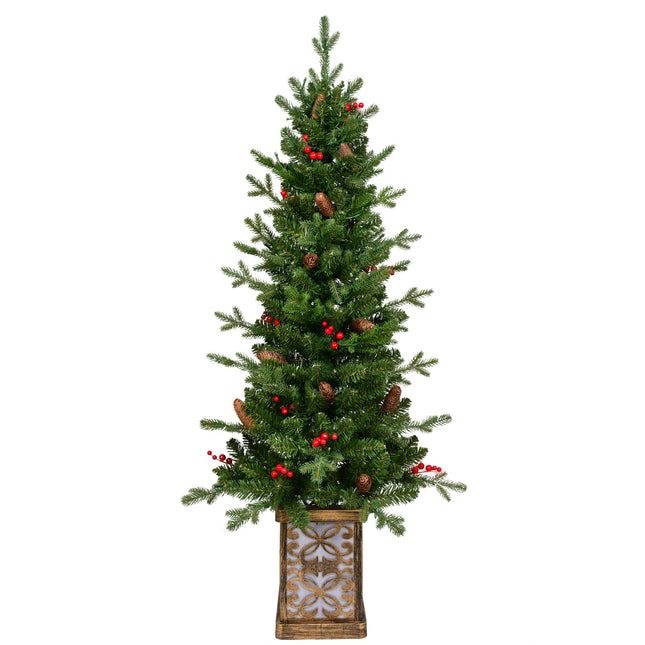 4ft Pre-lit Potted Porch Christmas Tree, Small Slim Christmas Tree With Multicolor Lights, Twinkle Potted Xmas Tree With Mixed PE, Metal Glint Basin, 8 Color Mode For Entrance, Yard,Pathway Decor