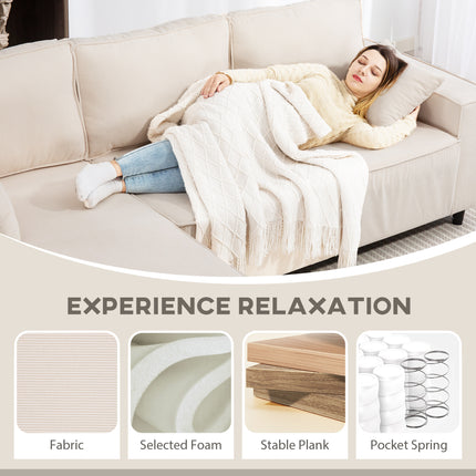 Corner Sofa With Reversible Chaise Lounge, Corduroy L-Shaped Sectional Sofa With Pocket Spring, Cream White