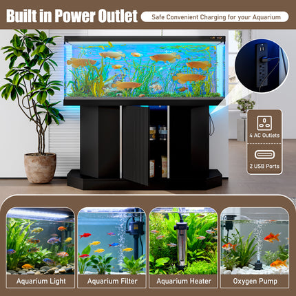 Modern 55-75 Gallon Fish Tank Stand With Power Outlet 4 AC 2 USB Ports, Heavy Duty Aquarium Stand With Cabinet Storage For Fish Tank, Turtle Tank, Reptile Terrarium, 880LBS Capacity, Black