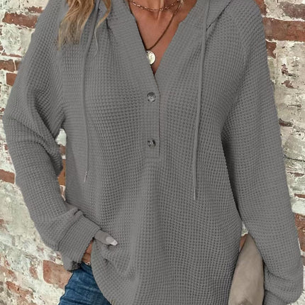 Waffle Hooded Sweater Sweatshirt Fashion Casual Long-sleeved Drawstring V-neck Buttons Top Women's Clothing