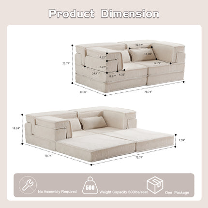 Compression Mahjong Sofa,Convertible Floor Sofa Bed,DIY Boneless Modular Sectional Sofa,No Assembly Required,Circle Fleece Fabric,Modern Oversized Loveseat,White