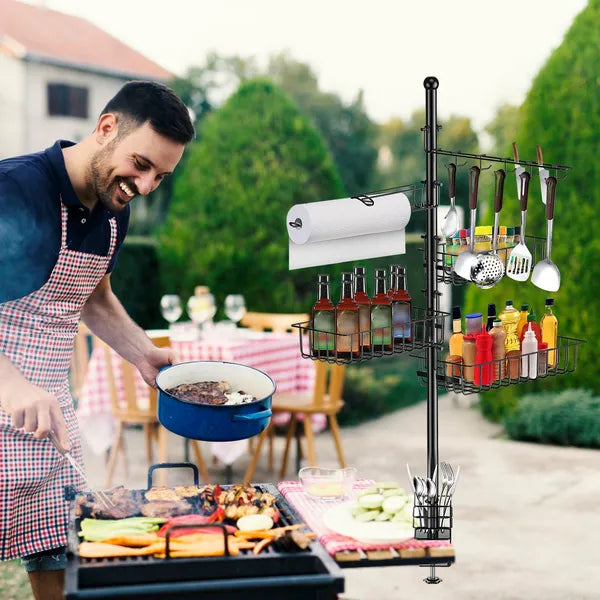 Griddle Caddy Standing Grill Utensil Caddy With Paper Towel Holder Hook Baskets BBQ Accessories Storage Rack Vertical Standing BBQ Organizer Grill Utensil Storage Fit For Blackstone Griddle