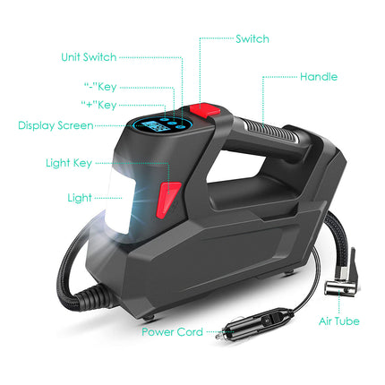 1Pc Portable Tire Inflator 120 PSI Maximum 90W Powered Tire Inflator With Digital Display LED Light Inflatable Nozzle Needle Fuse Air Compressor For Bikes Motorbikes Car Balls