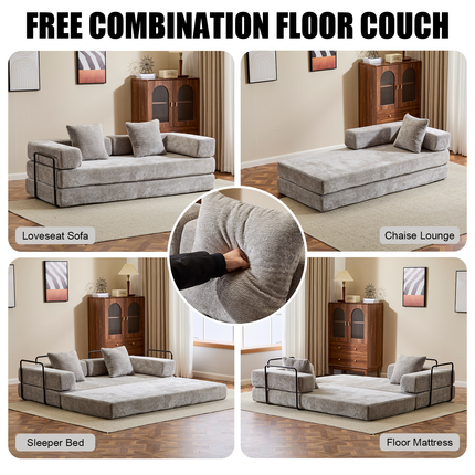 Floor Couch,Compression Sofa,Convertible Floor Sofa Bed-with Pillow Back Support Armrest,Comfy Futon Couch Lounge Sleeper Bed,Chenille Fabric,for Living Room Bedroom LIGHT-GREY