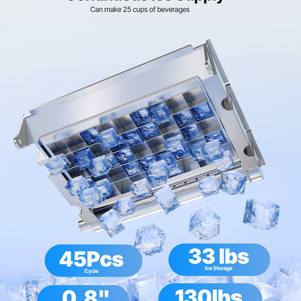 Commercial Ice Maker Machine With Pump, 130Lbs/24H With 33Lbs Storage, 45 Cubes Per Cycle, Freestanding & Under Counter Ice Maker With LED Display & Self-Cleaning, For Home Bar Restaurant