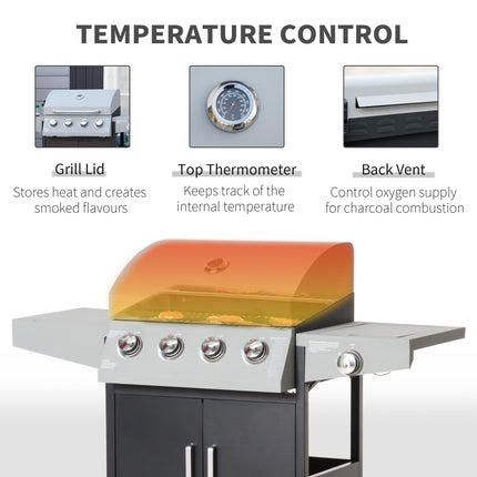 52" Barbecue Grill With Wheels 4+1 Burner Liquid Propane Gas Grill Outdoor Cabinet Style BBQ Trolley W/ Side Burner, Warming Rack, Storage Cabinet