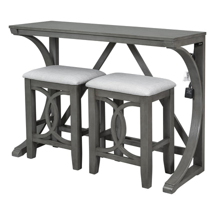 TOPMAx Farmhouse 3- Piece Counter Height Dining Table Set With USB Port And Upholstered Stools Gray