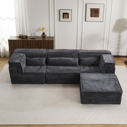 Compression Mahjong Sofa,Convertible Floor Sofa Bed,DIY Boneless Modular Sectional Sofa,No Assembly Required,Circle Fleece Fabric,Oversized 3 Seater With 1 Ottoman,Dark-grey