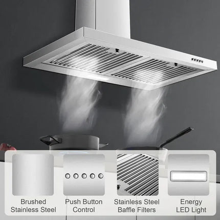 Range Hood 30 Inch, Wall Mount Range Hood Ducted/Ductless, Kitchen Hood In Stainless Steel, Vent Hood With Baffle Filters, 3 Speed Fan, Push Button Control, Energy-Saving LED Light