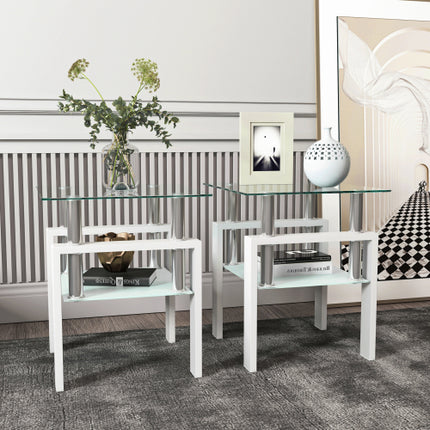 Set Of 2, Modern Tempered Glass Tea Table Coffee Table End Table, Square Table For Living Room, Transparent White