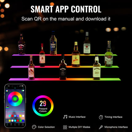 LED Lighted Liquor Bottle Display, 3 Tiers 40 Inches, Illuminated Home Bar Shelf With RF Remote & App Control 7 Static Colors 1-4 H Timing, Acrylic Drinks Lighting Shelf For Holding 30 Bottles