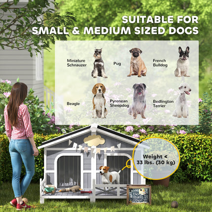 Dog House Outdoor, Wooden Dog Kennel Weatherproof with Porch, Openable Roof, Removable Bottom, Elevated Floor, Double Room for 2 Small to Medium Breeds, Gray