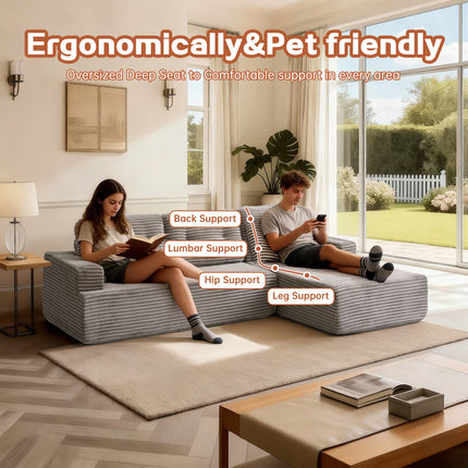 Right-Facing Chaise,L Shape Modular Sectional Sofa, Compressed Sectional Sofa Modern Minimalist Style Corduroy Couch,Unfold Into A Bed, Bedroom, Comfy Compressed Sofa