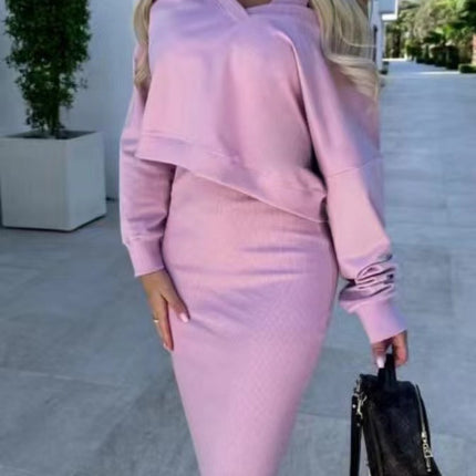 Women's Two Piece Dress Suit Fashion Long-sleeved  V-neck Pullover Sweatshirt And Sleeveless Dresses Set