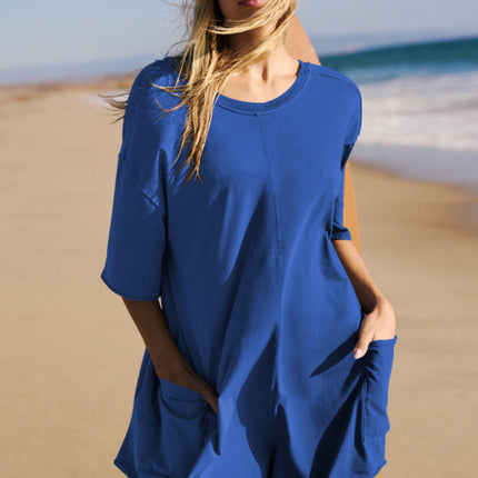 Women's Loose Short-sleeved Shorts Jumpsuit Summer Casual Backless Beach Overall Pants With Pockets