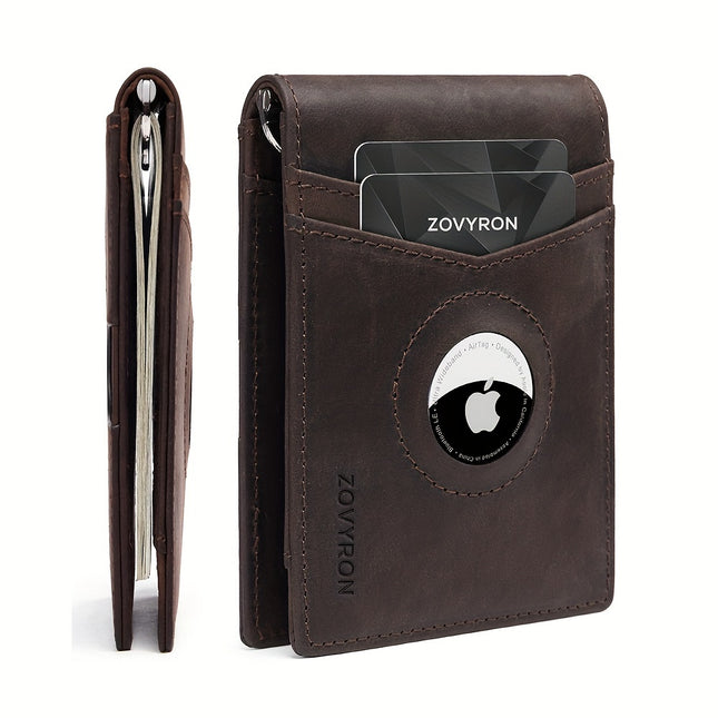 Mens Wallet Genuine Leather Slim Bifold Wallet With Airtag Holder, RFID Blocking, Front Pocket Wallet With Money Clip,ID Window Credit Card Holder