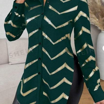 Lyxana Open Placket Foil Print Random Cut Shoulder Long Sleeve Cinched Waist Blouse Women Shirt