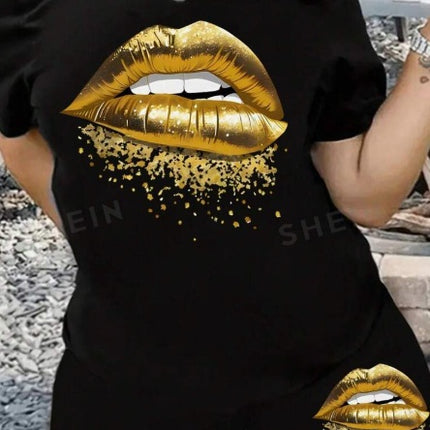 Women's Summer Casual Set Gold Lips Print Round Neck Short Sleeve T-Shirt And Shorts