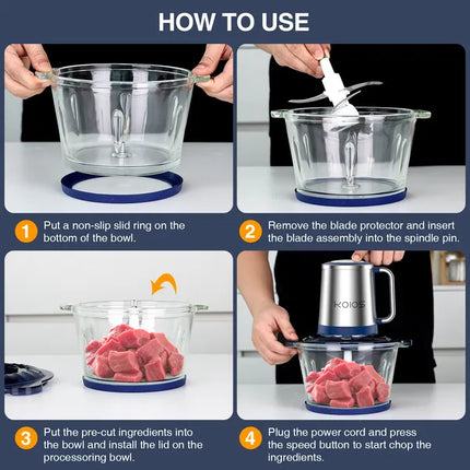 KOIOS 2L Electric Food Chopper Processor Vege Meat Grinder Mixer 2 Bowls Stainless Steel Glass