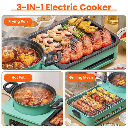 Electric Grill And Hot Pot Combo - 1600W Smokeless Korean BBQ Grill With Dual-Zone Cooking Non-Stick Surface & Adjustable Temp Control For 3-6 People Indoor/Outdoor Use