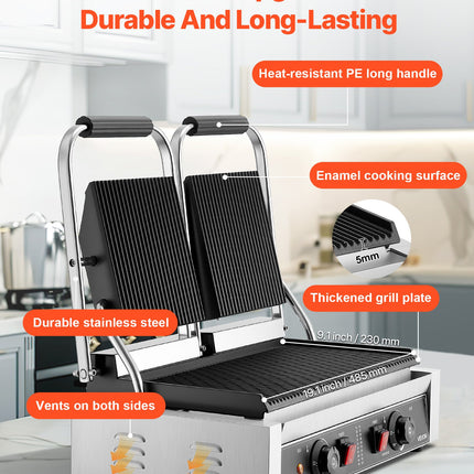 Commercial Panini Press Grill Electric Sandwich Maker Griddle Plate 19x9in