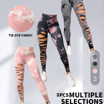 3 Pack Women's Tie Dye Cutout Tights High Waist Workout Yoga Leggings, Scrunch Butt Lifting Elastic Pants, Womens High Waist Yoga Pants Cutout Ripped Tummy Control Workout Running Yoga Skinny Leggings