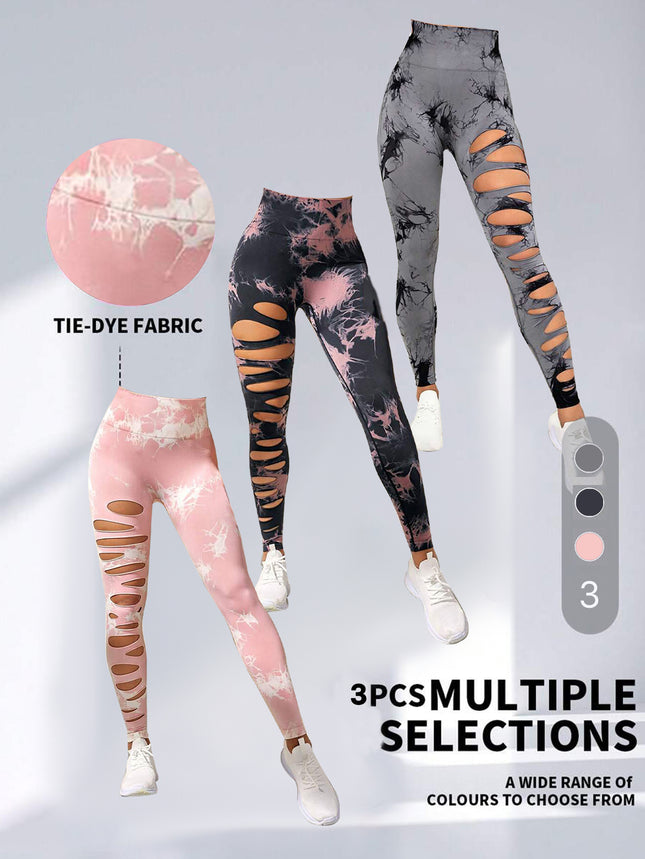 3 Pack Women's Tie Dye Cutout Tights High Waist Workout Yoga Leggings, Scrunch Butt Lifting Elastic Pants, Womens High Waist Yoga Pants Cutout Ripped Tummy Control Workout Running Yoga Skinny Leggings