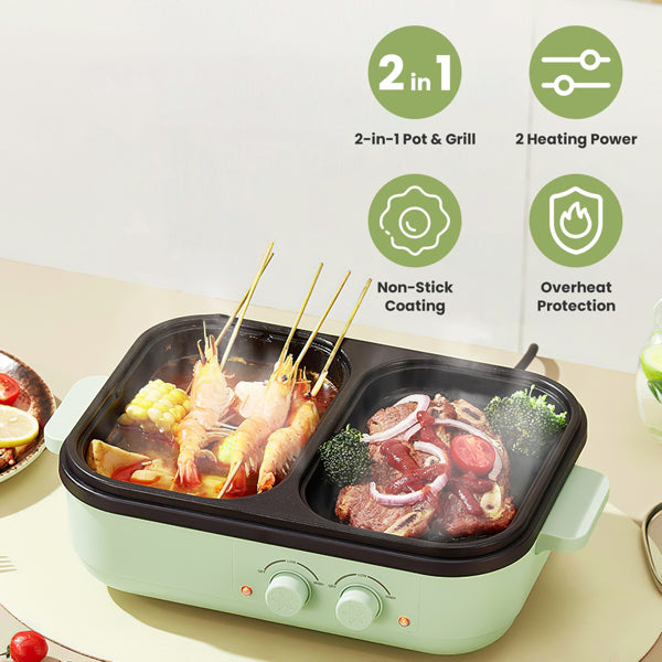 2-in-1 Electric Hot Pot & Grill Combo, Dual Separate Temperature Control, Non-Stick Die-Cast Aluminum, Overheat Protection, 33.82OZ Hot Pot 6.76OZ Grill, Portable For 1-2 People, Home Dorm Indoor BBQ