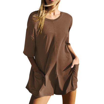 Women's Loose Short-sleeved Shorts Jumpsuit Summer Casual Backless Beach Overall Pants With Pockets