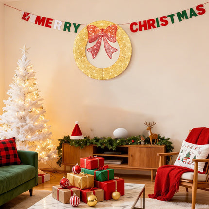 Christmas Wreath Decoration, LED Metal Holiday Decoration In Green Yellow