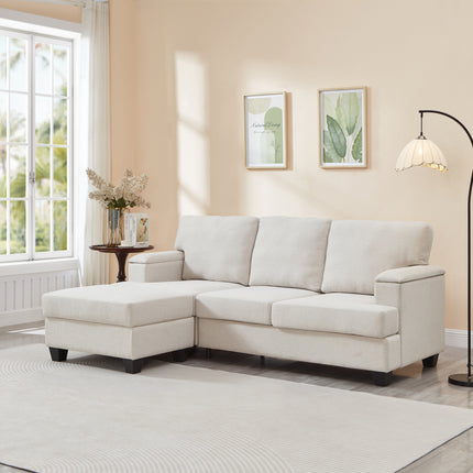 86'' L Shaped Couch With Armrest Organizer,3 Seats Sofas With Movable Ottoman,Comfy Sectional Sofa With Thick Cushion,Linen Sectional Couches For Living Room,Bedroom,Apartment,Beige