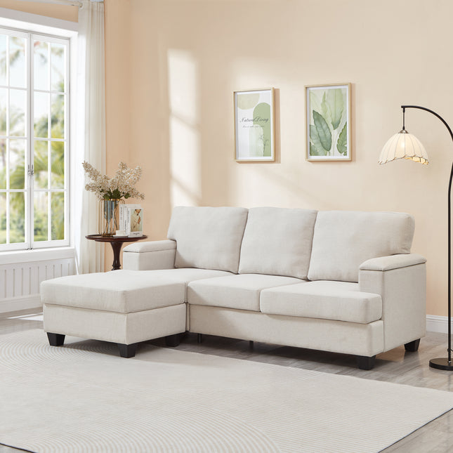 86'' L Shaped Couch With Armrest Organizer,3 Seats Sofas With Movable Ottoman,Comfy Sectional Sofa With Thick Cushion,Linen Sectional Couches For Living Room,Bedroom,Apartment,Beige