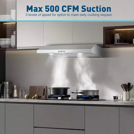 30 Inch Kitchen Under Cabinet Range Hood 500 CFM Stainless Steel 3-Speed