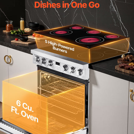 36 In Electric Range Oven, 6.0 Cu. Ft. Capacity Compact Freestanding Oven, Stainless Steel Kitchen Stove, With 5 Burners, Digital Screen Button Control, Easy Reach Racks For RV(No Power Cord)