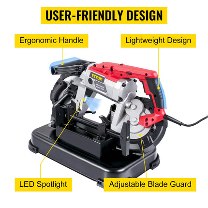 Portable Band Saw, 110V Removable Alloy Steel Base Cordless Band Saw, 5 Inch Cutting Capacity Hand Held Band Saw,Variable Speed Portable Bandsaw, 10Amp Motor Deep Cut Band Saw For Metal Wood