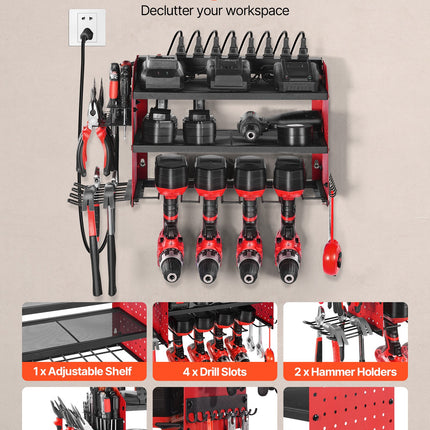 Power Tool Organizer With Charging Station, 3-Layer Drill Storage Rack With 4 Drill Holders & Side Pegboard, Garage Tool Organizer Built In 8 Outlet Power Strips For Garage, Workbench, Workshop