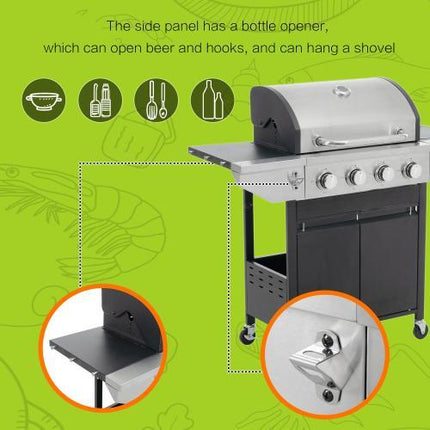 Propane Four-burner Stainless Steel Gas Grill With Side Burners, Suitable For Outdoor Patios And Gardens.
